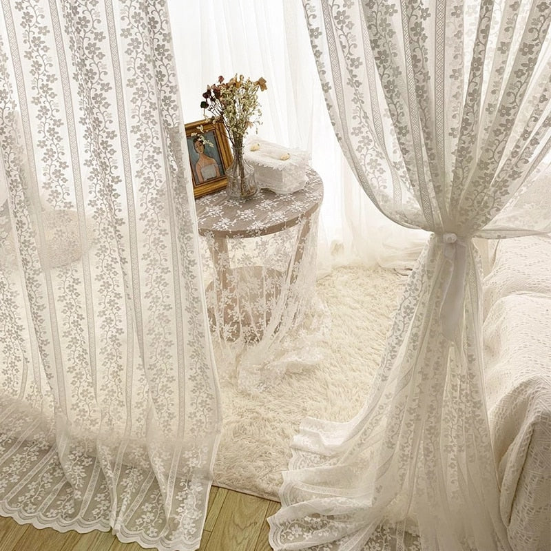 【オーダー可】French White Lace Tulle Curtain 姫系刺繍レースカーテン