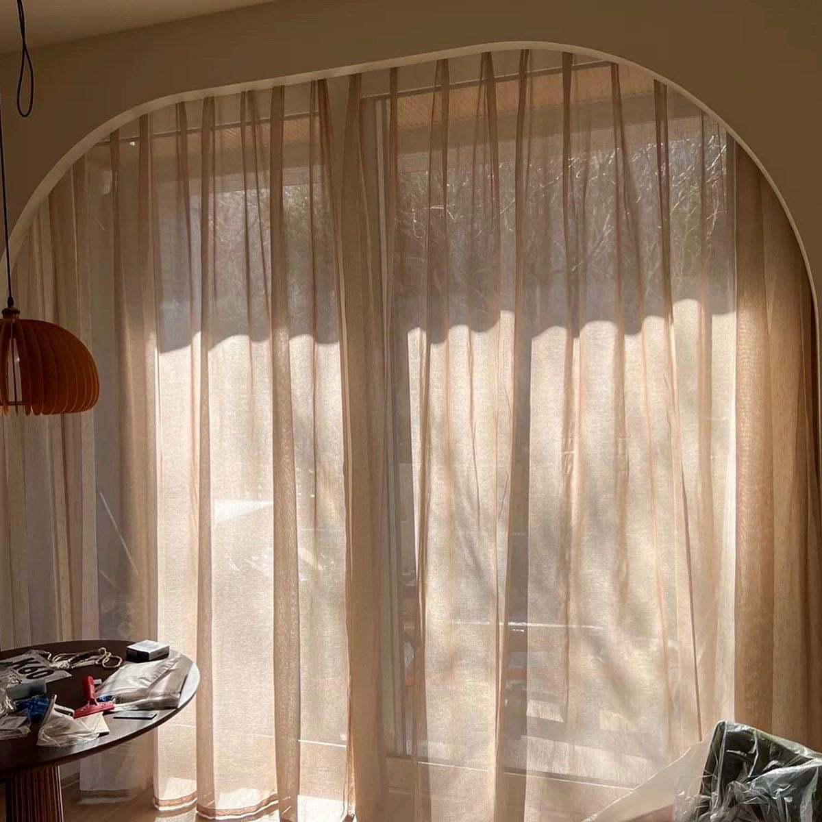 【オーダー可】Beige linen tulle curtains 北欧風リネンレースカーテン