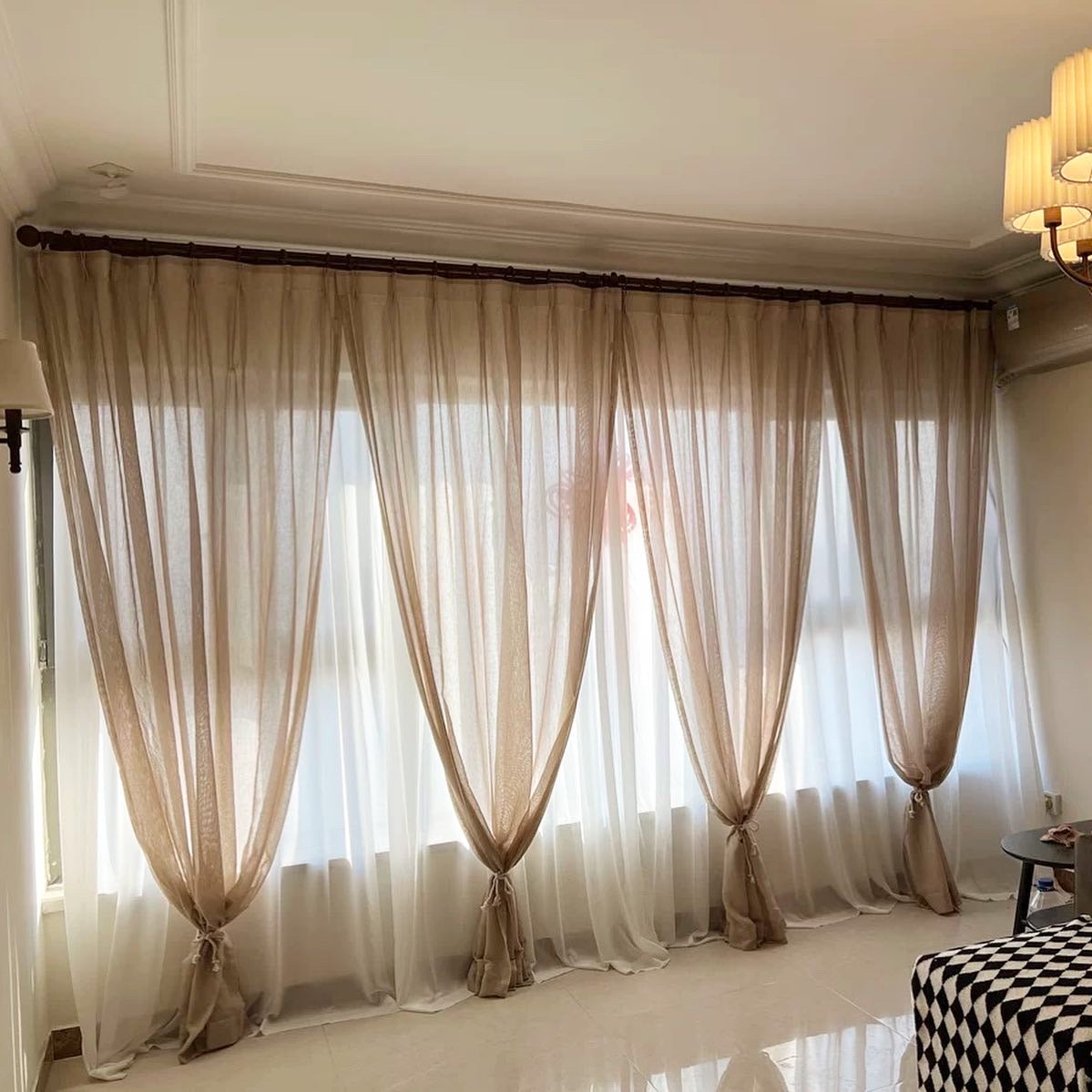 【オーダー可】Beige linen tulle curtains 北欧風リネンレースカーテン