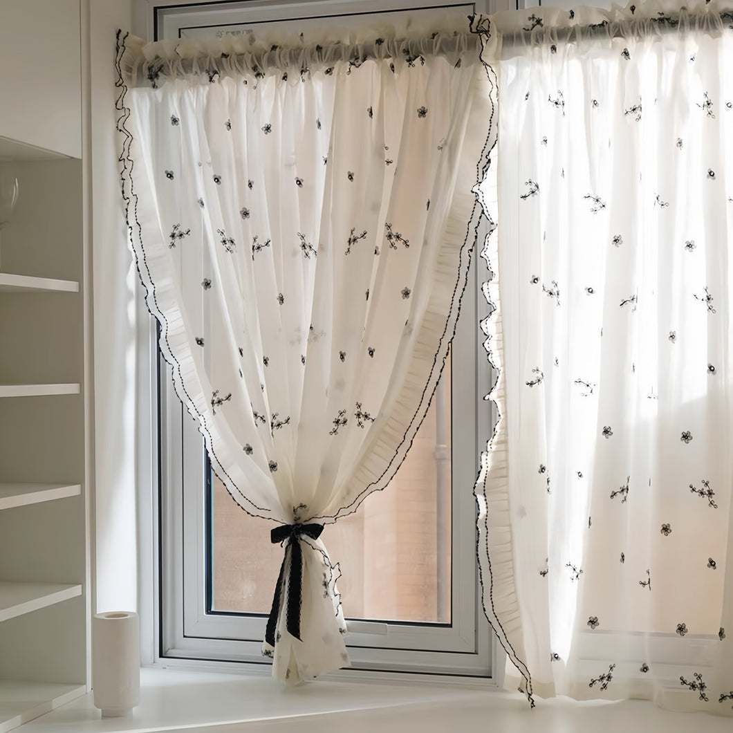 【オーダー可】Black Camellia Lace Curtain ブラック椿レースカーテン