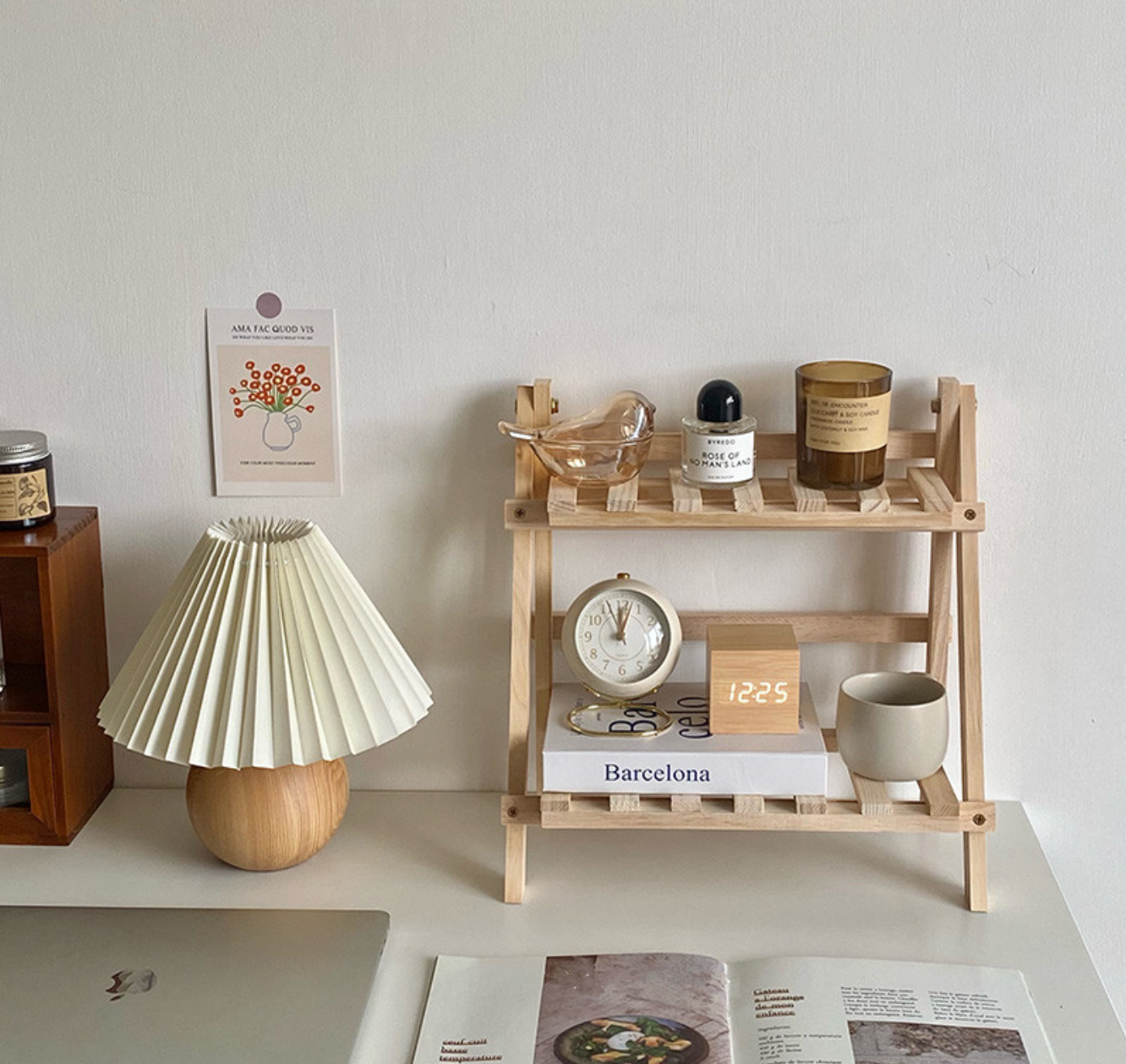 六畳の憩 Wooden Double Layer Shelf 韓国風ウッドスタンド