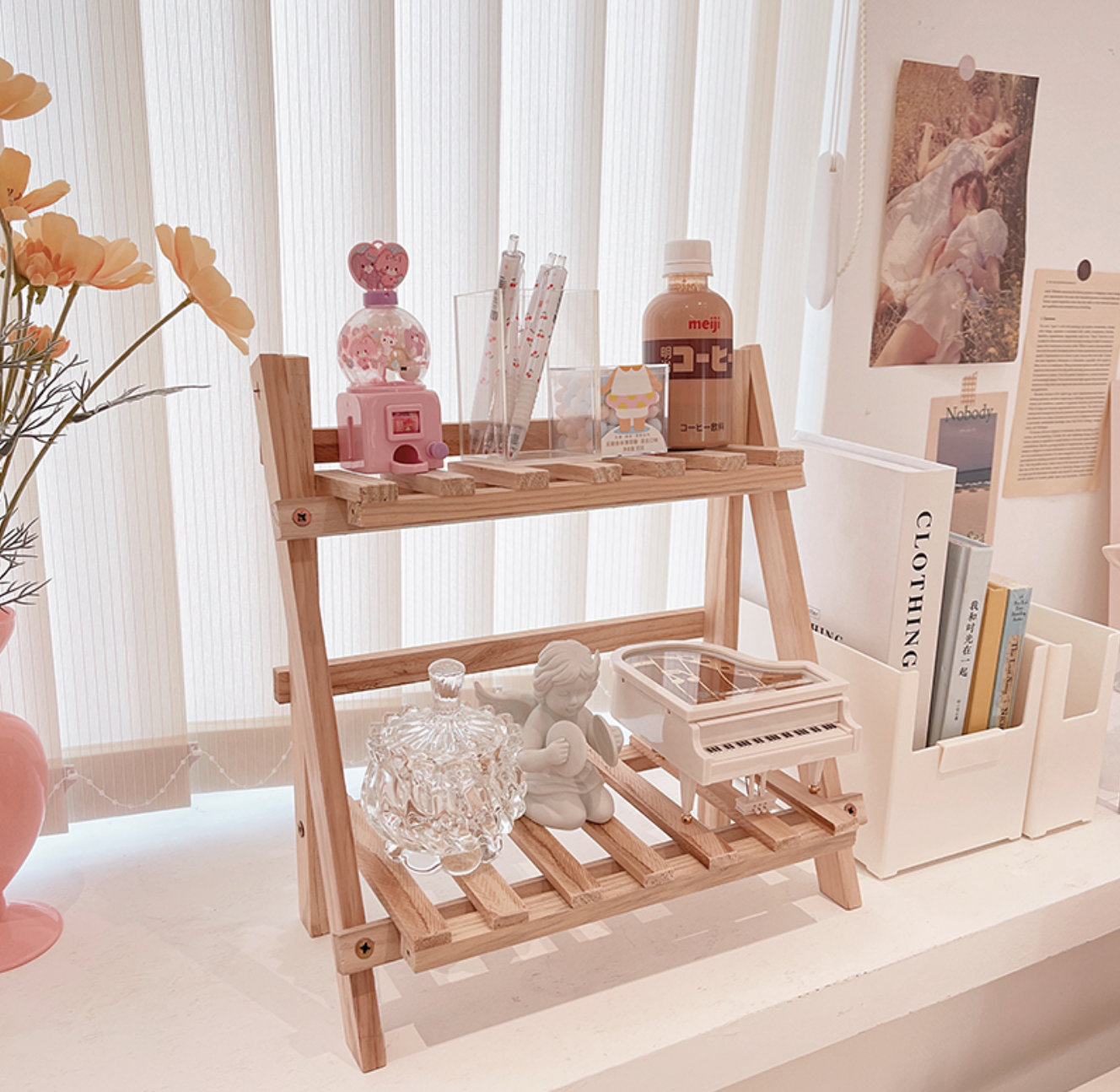 六畳の憩 Wooden Double Layer Shelf 韓国風ウッドスタンド