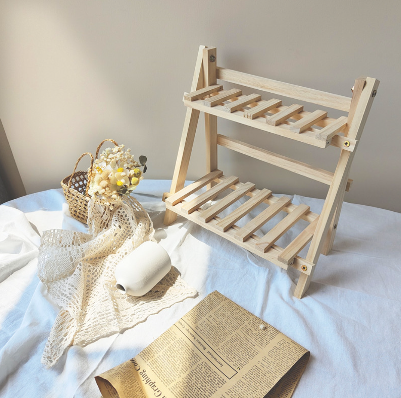 六畳の憩 Wooden Double Layer Shelf 韓国風ウッドスタンド