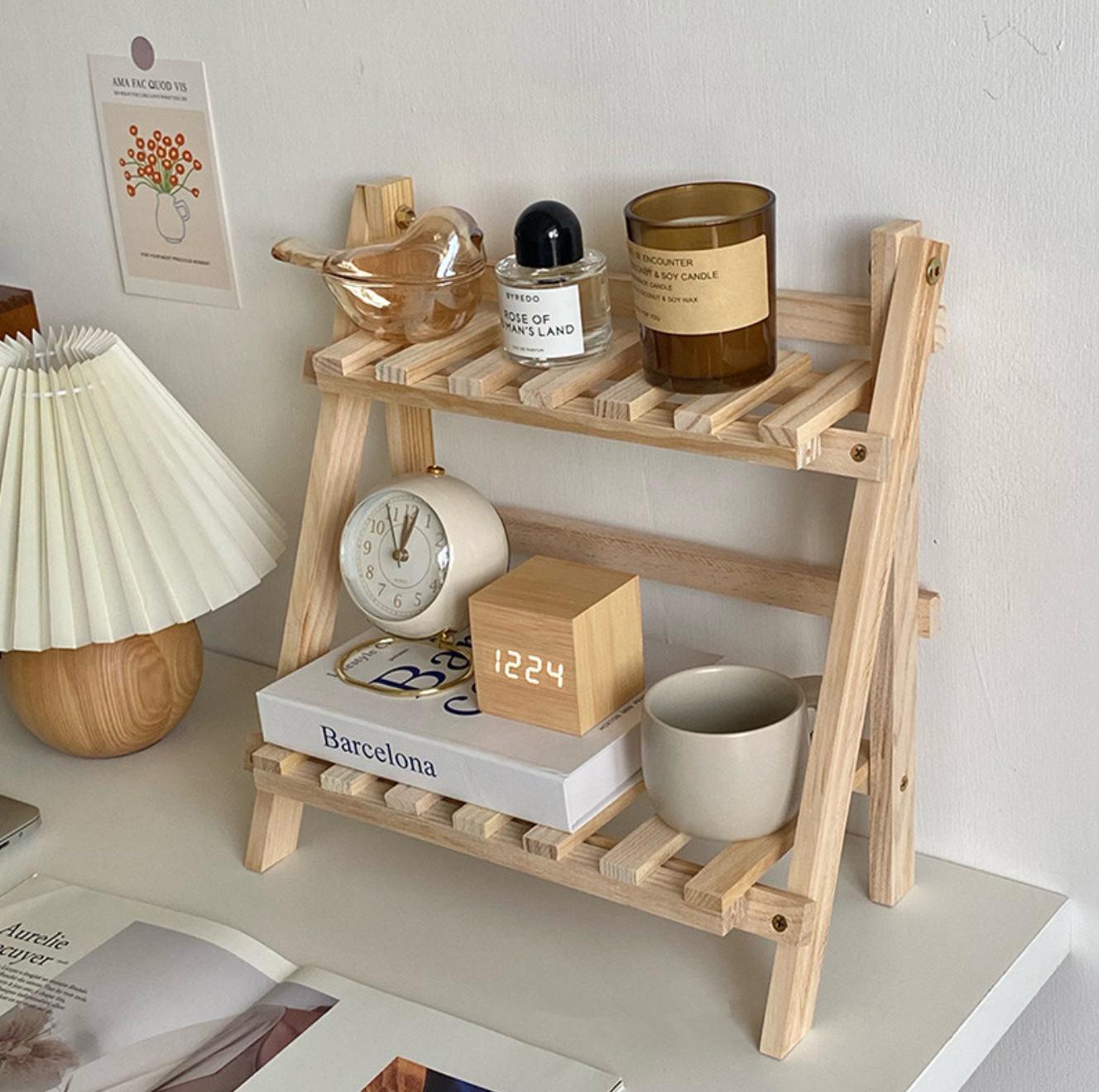 六畳の憩 Wooden Double Layer Shelf 韓国風ウッドスタンド