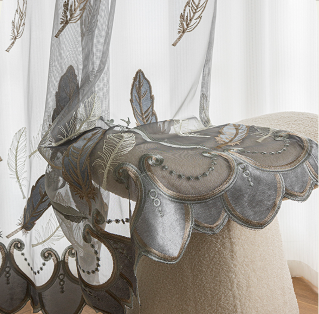 【オーダー可】Feather Embroidered Lace Curtain 羽根柄刺繍レースカーテン